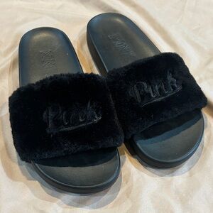 Black Fuzzy Slide Sandals
